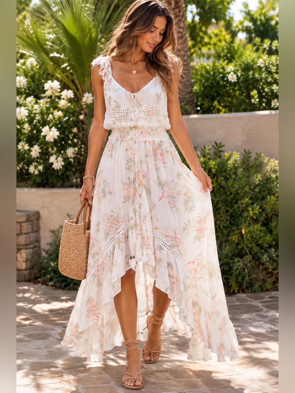 American Rag Cie White Floral Boho Maxi Dress Lace High Low Hem L